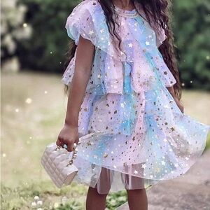 Starry Pastel Lola + The Boys Dress with Ruffle Sleeves